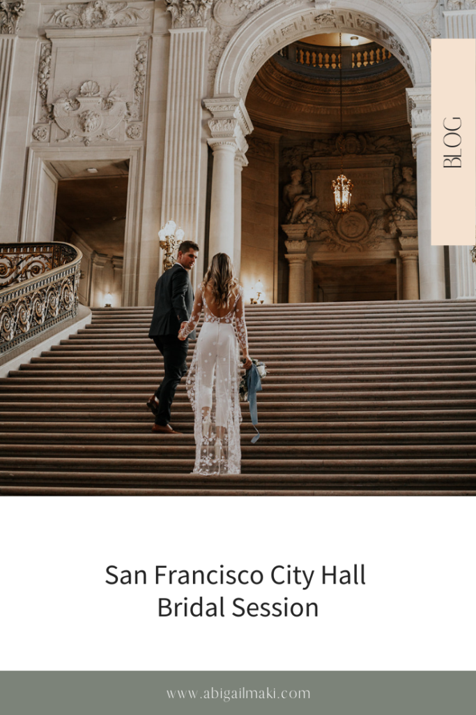San Francisco City Hall Bridal Session including bride and groom portraits, minimal white and Green bridal Bouquet by Abigail Maki, photography
