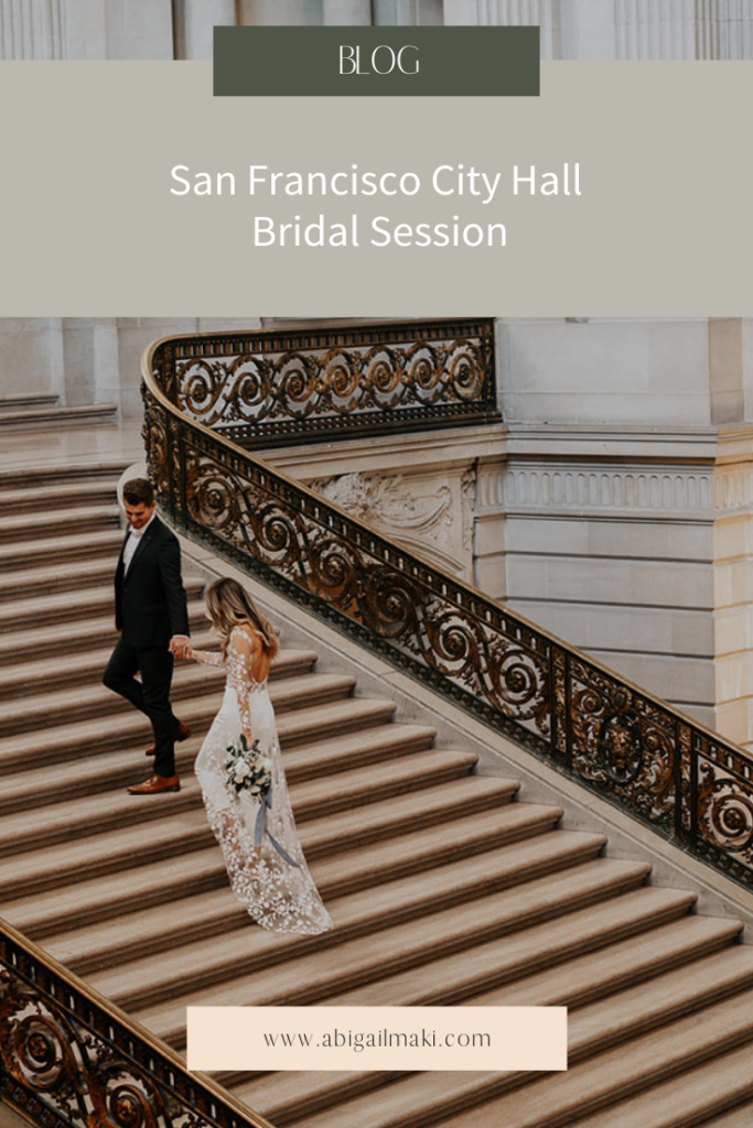 San Francisco City Hall Bridal Session including bride and groom portraits, minimal white and Green bridal Bouquet by Abigail Maki, photography
